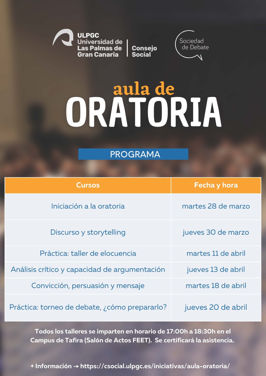 La Sociedad de Debate de la <a href="/ULPGC/">ULPGC</a>, que promueve el Consejo Social, pone en marcha el Aula de Oratoria - Inscripción gratuita hasta el 27 de marzo 👉csocial.ulpgc.es/la-sociedad-de…

<a href="/DebatesULPGC/">Sociedad de Debate</a>
 @EducacionCan
 <a href="/bulpgc/">Biblioteca ULPGC</a>
 <a href="/conferenciacs/">ConferenciaCS</a>
 
#ULPGCExcelente