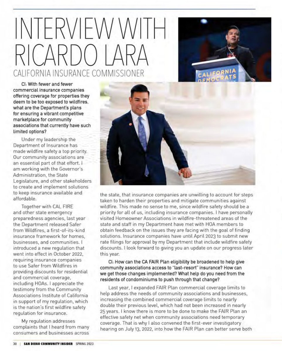 The @CAISanDiego Chapter recently conducted an interview with @ICRicardoLara addressing the CA FAIR Plan. Read how @CDInews is making #wildfire #safety a top priority 👉 bit.ly/3FLgyqn.

#WeAreCAI #communityassociations #insurance #fireinsurance #californiahomeowners