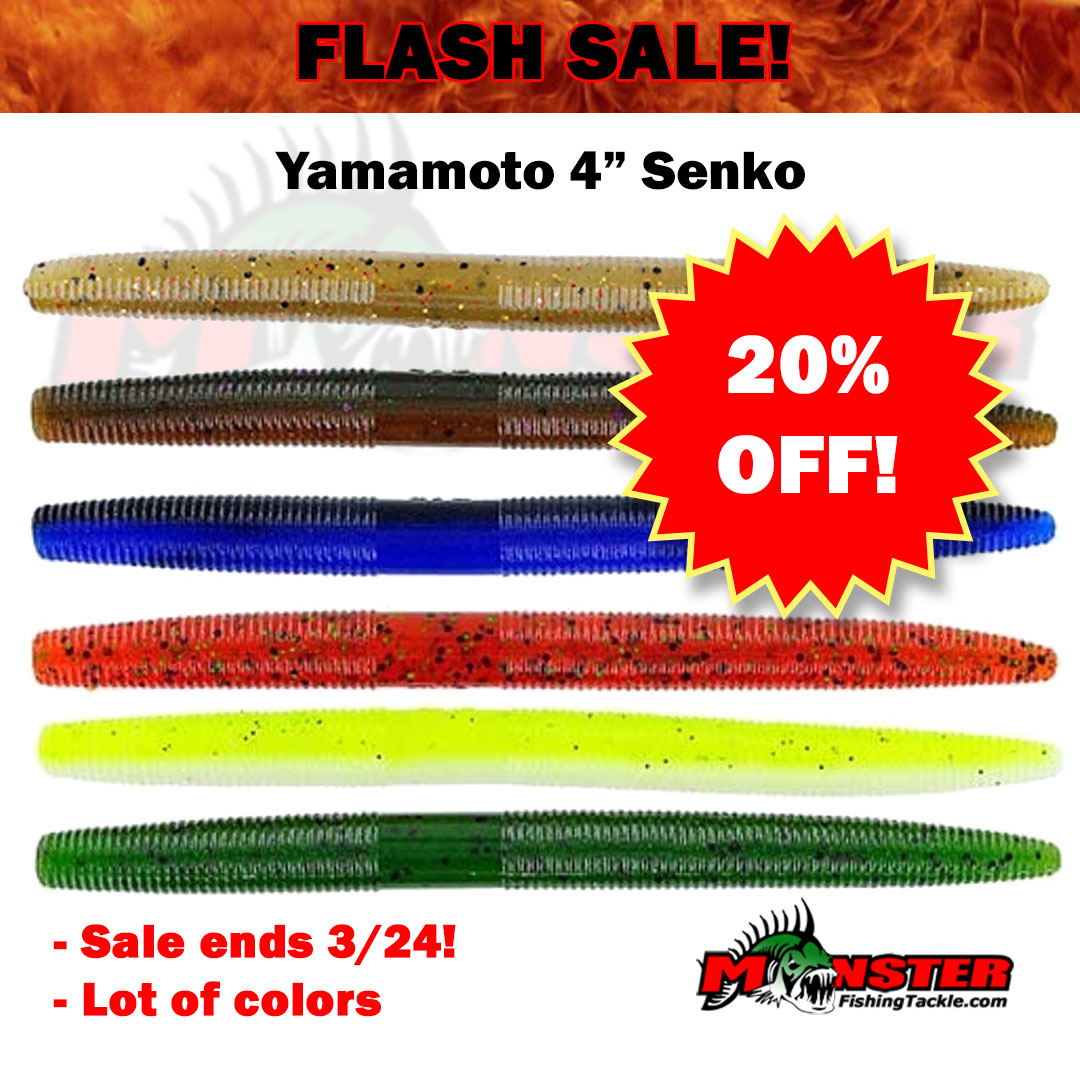 MonsterFishing's tweet photo. FLASH SALE! Save 20% on Yamamoto 4" Senko!

Hurry! Sale ends tomorrow!

Get yours: https://t.co/0erJt7lb7t

#monsterflashsale
#yamamotosenko
#bassfishing https://t.co/nox3UgviGG