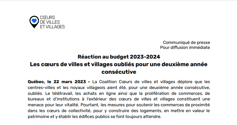 La Coalition Cœurs de villes et villages réagit au #BudgetQc en déplorant que les #coeursdevillesetvillages aient été oubliés. Cela démontre la nécessité d’inclure un plan d’action gouvernemental pour eux dans le plan de mise en œuvre de la PNAAT».👉 : bit.ly/3LLYsbr
