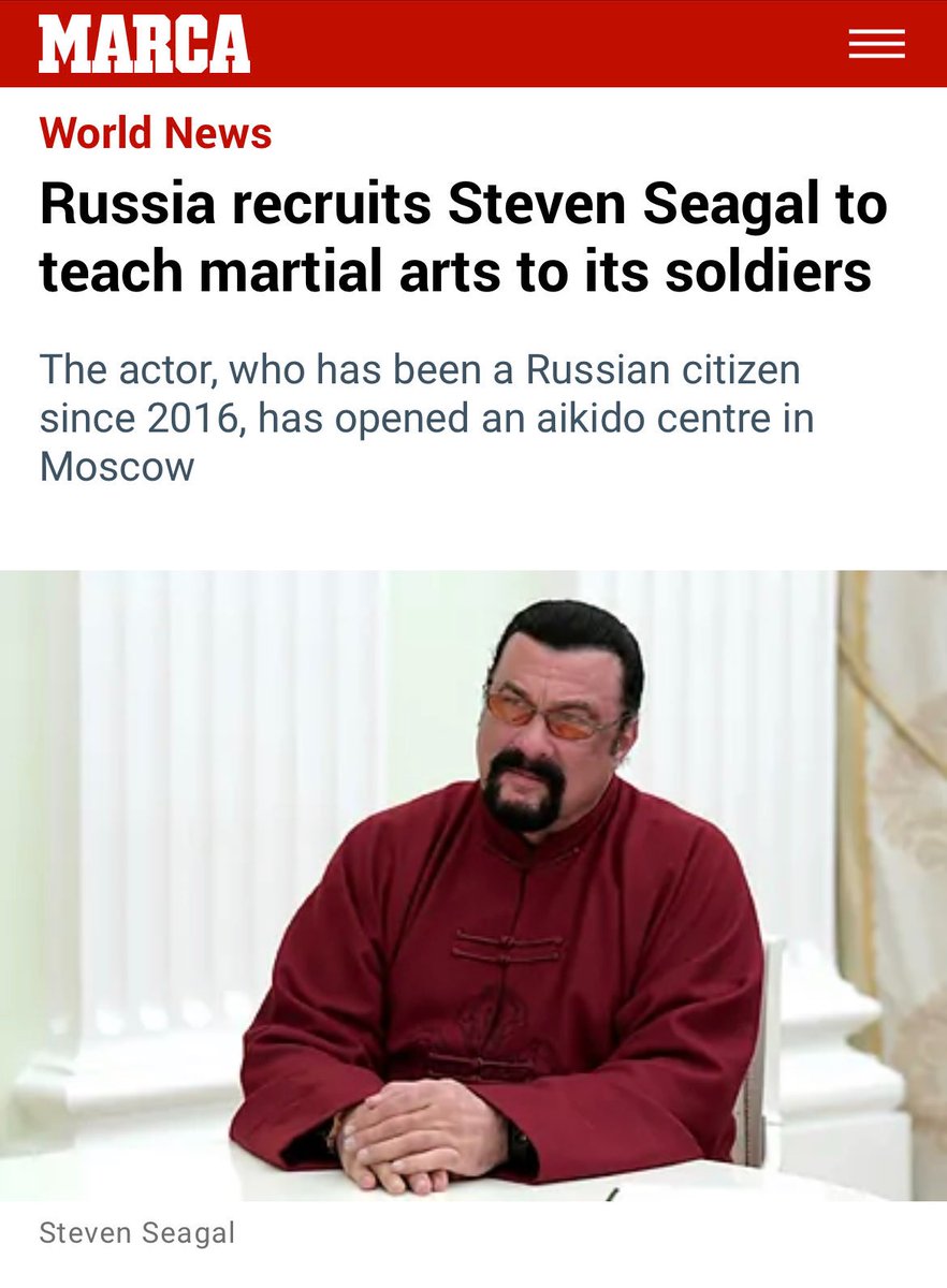 DefenceU's tweet image. It’s been reported that russia has recruited Steven Seagal to teach martial arts to its soldiers.
Rumor has it that the Seagal-style running technique will be included in the training.
russian soldiers will now be able to run away from their positions with weird hand motions.