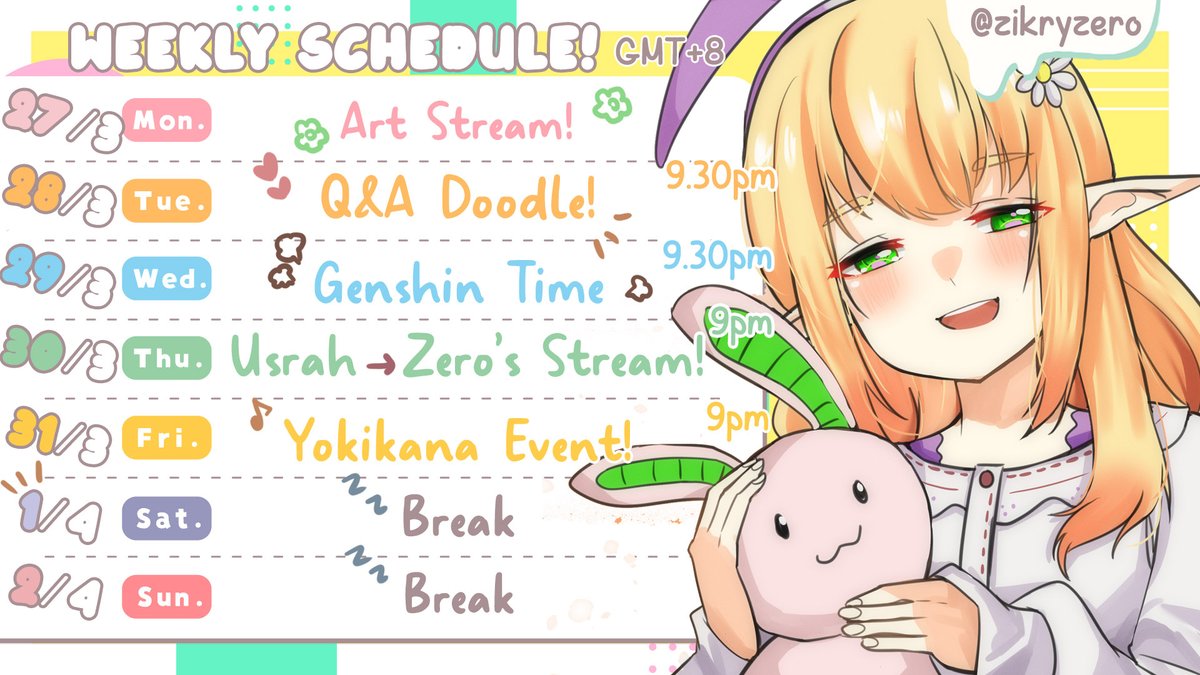 YufiMago's tweet photo. - ̥۪͙۪˚┊❛ Weekly Schedule ❜┊˚ ̥۪͙۪◌ 『 27 March ~ 2 April 』

○ Art Stream! [9.30pm]
● Q&amp;A Doodle! [9.30pm]
○ Genshin Impact! [9.30pm]
● Usrah Ramadan [9pm]
○ YOKIKANA EVENT [9pm]

#ElfStream #MagoCHAMP #EnVtuber #MyVT #新人Vtuber https://t.co/YfVVFAXGCa