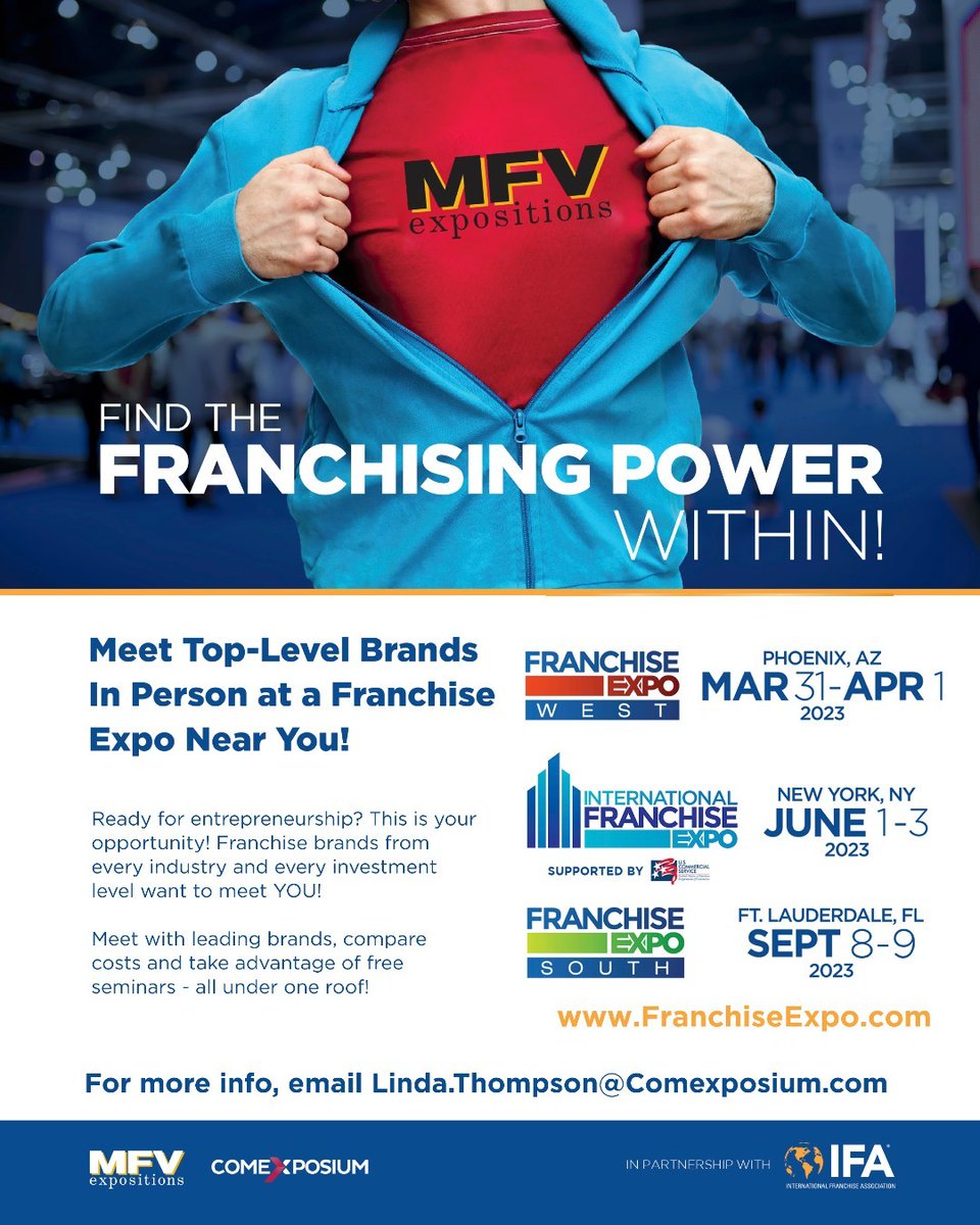 FranchiseDM's tweet photo. What's a great way to learn about Franchises? What companies are franchises? Go to an @MFVExpositions event!
#entrepreneur #business #beyourownboss #franchise #franchiseopportunity #franchisedictionarymagazine #MFVExpo https://t.co/RMSVPmN6qs