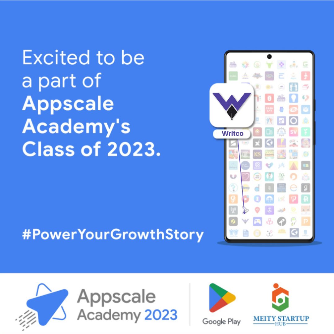AtulPurohit_'s tweet photo. Writco got selected for Appscale Program by @GooglePlay &amp; @MSH_MeitY in 100 startups from India. Looking forward to being part of Appscale Academy's Class of 2023

@googledevs @WritcoApp
#AppscaleAcademy2023 #PowerYourGrowthStory #GooglePlay #Writco #WritcoApp https://t.co/AiG7eMoQx1