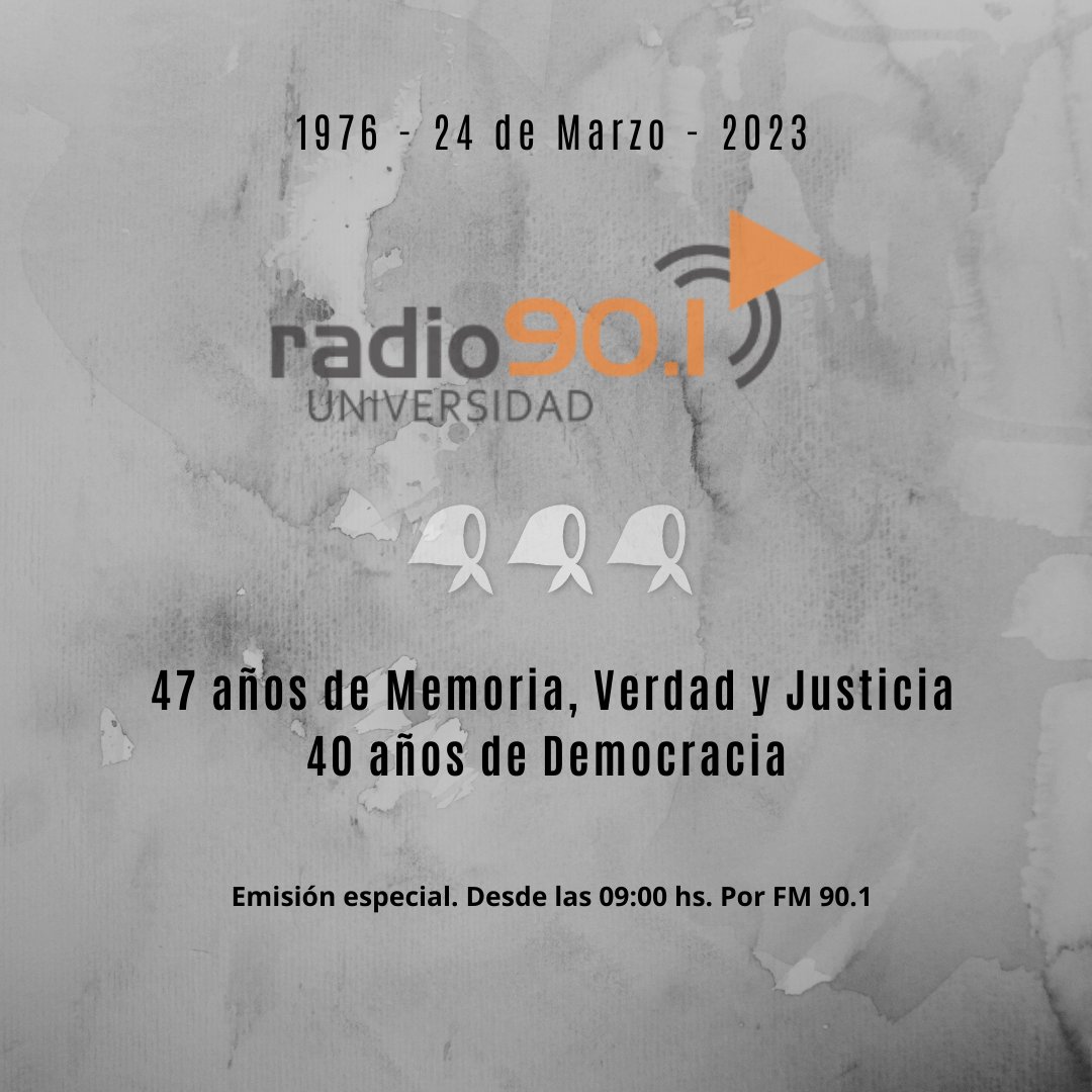 RadioU901's tweet photo. 📅 #24M | Emisión especial de Radio Universidad en el marco del Día Nacional por la Memoria, la Verdad y la Justicia

🎧 Escuchanos este viernes 24 de Marzo, desde las 09:00 hs. por FM 90.1

https://t.co/BnFjvjeUIj

 #MemoriaVerdadJusticia #47AñosdelGolpe  #40AñosdeDemocracia https://t.co/SJ01QPUgQp