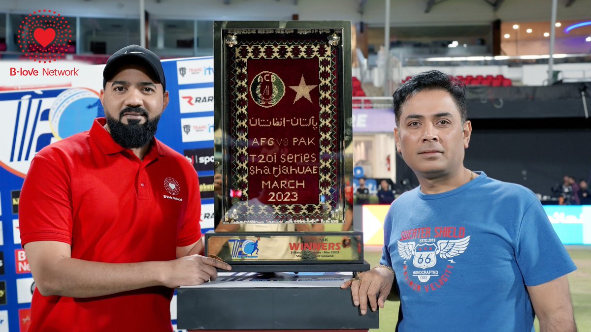 BLove_Coin's tweet photo. B-love Network takes great pleasure in sponsoring the T2O Series between Pakistan and Afghanistan as the official "Title Sponsor" happening in Sharjah 🏏

Mr. Omar Khan (Founder Innovation Factory &amp; BLove Network) unveiled the series trophy
#blovenetwork #t20series #love https://t.co/iHt4y9Lwx9