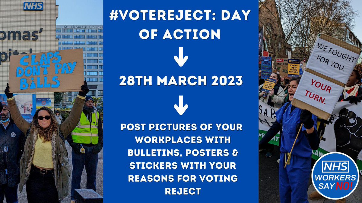 🚨 #VoteReject Day of action 

📢 Calling all #NHSStaff 

RCN &amp; Unison open their ballots on 28th March so let’s make some noise!

Print our bulletins, flyers and stickers to distribute to colleagues.

Post pics on social media using the hashtag #VoteReject 

This is ours to win!