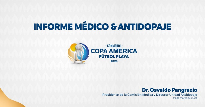 CONMEBOL's tweet photo. La CONMEBOL, a través de su Comisión Médica y Unidad Antidopaje, presentó el Informe Médico y Antidopaje de la CONMEBOL @CopaAmerica 2023, un importante torneo clasificatorio para el Mundial de la disciplina.

#CAPlaya