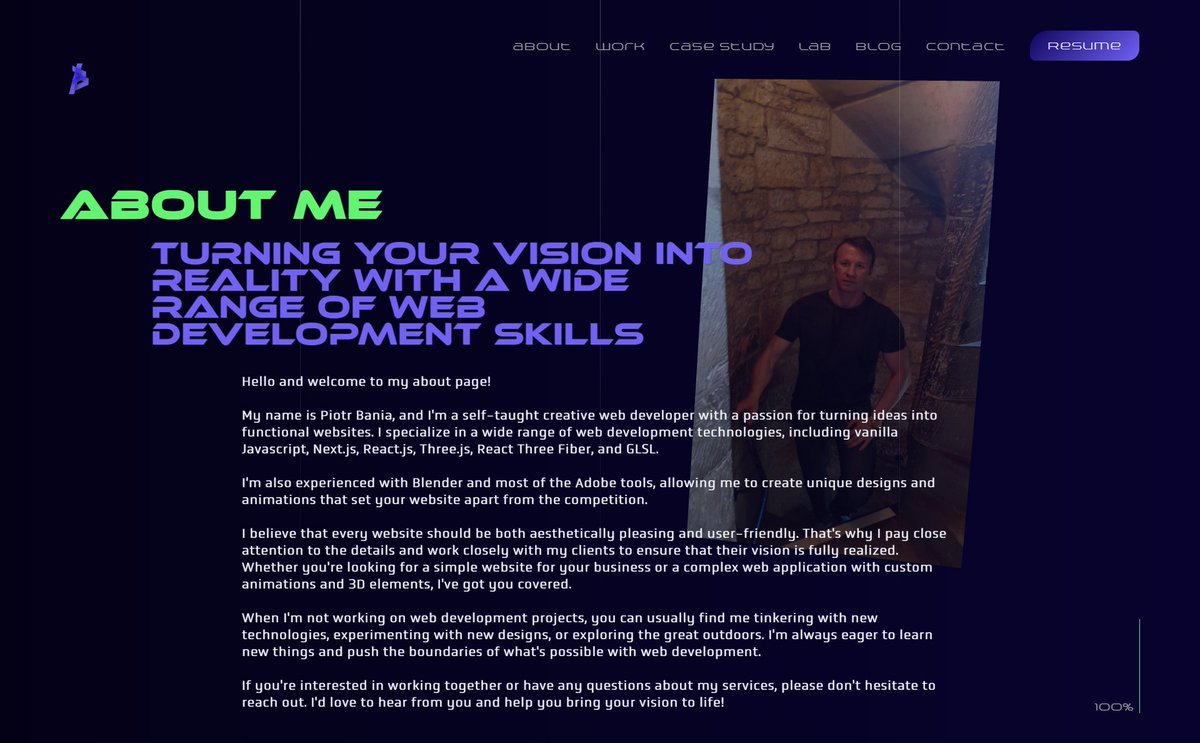 bspkprgrmmng's tweet image. Working on re-design of my folio from early 2022.
#Next, #ReactThreeFiber, #glsl
Old portfolio: piotrbania.dev