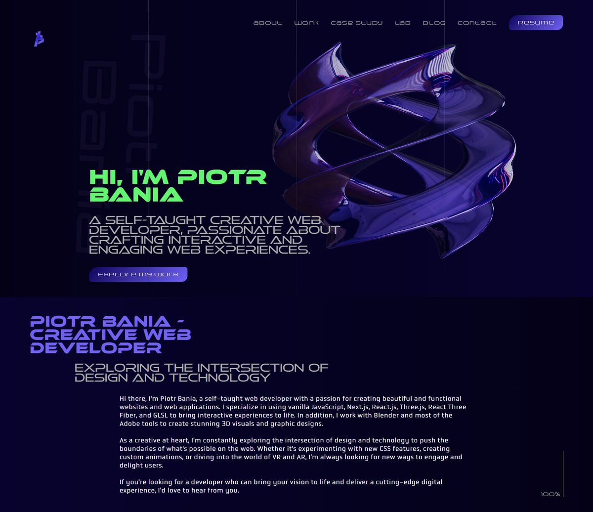 bspkprgrmmng's tweet image. Working on re-design of my folio from early 2022.
#Next, #ReactThreeFiber, #glsl
Old portfolio: piotrbania.dev