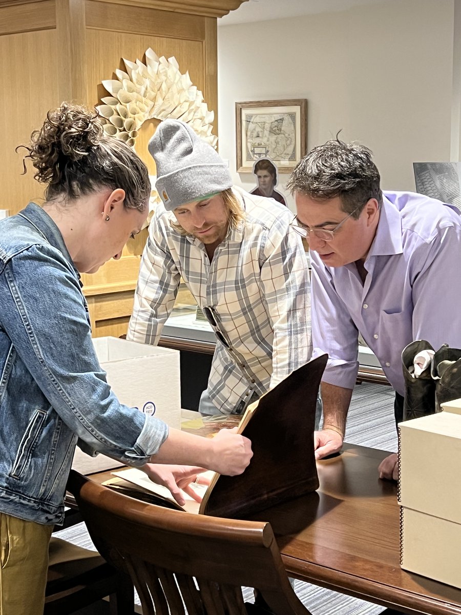 TCULibrary's tweet photo. Never know what (or who) you'll find digging through @tculibrary archives. You know him from 1883, actor Eric Nelson and producer Johnathan Brownlee research items for The Will Rogers Project. 
#TCU #TCUSpecialCollections https://t.co/0Mf3GDp14w