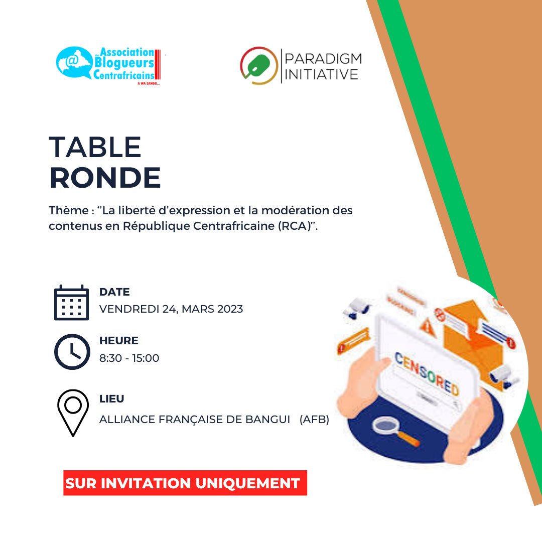 À Bangui(RCA), l’<a href="/ABCA_Blogueurs/">ABCA-Association des Blogueurs Centrafricains</a> organise ce 24/03/23, une table ronde sur le thème : « Liberté d’expression et modération des contenus en RCA ». Nos partenaires : <a href="/ParadigmHQ/">Paradigm Initiative (PIN)</a> &amp; <a href="/Internews/">Internews</a> . Nos invités : <a href="/GouvCF/">Gouvernement Centrafricain</a> , <a href="/UN_CAR/">MINUSCA</a> , <a href="/HCC/">HCC Turlock</a> ainsi que plusieurs org. professionnels médias.