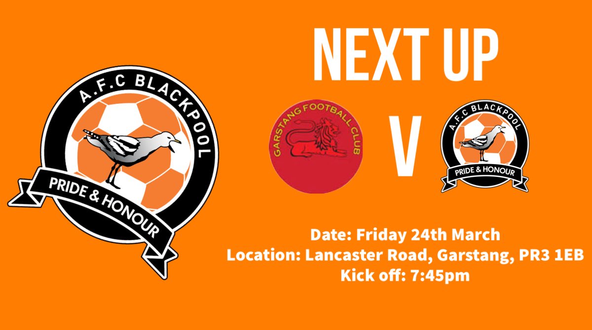 AFCBlackpool's tweet photo. NEXT UP:

Friday night football. The Mechs look to extend their four game win streak, as they travel to neighbours @GarstangFC.

The home side sit 14th in the league currently. 

#upthemechs https://t.co/ddS1dhUlsu