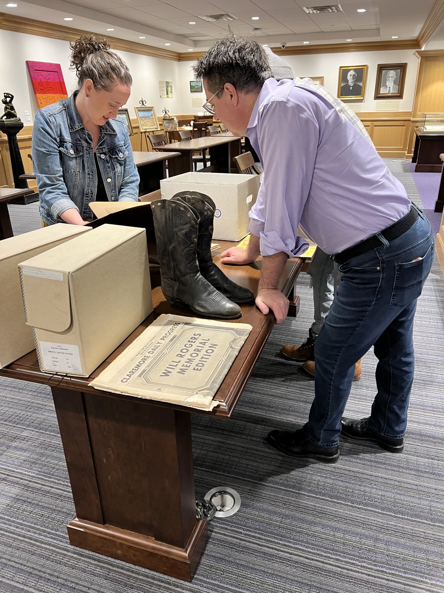 TCULibrary's tweet photo. Never know what (or who) you'll find digging through @tculibrary archives. You know him from 1883, actor Eric Nelson and producer Johnathan Brownlee research items for The Will Rogers Project. 
#TCU #TCUSpecialCollections https://t.co/0Mf3GDp14w
