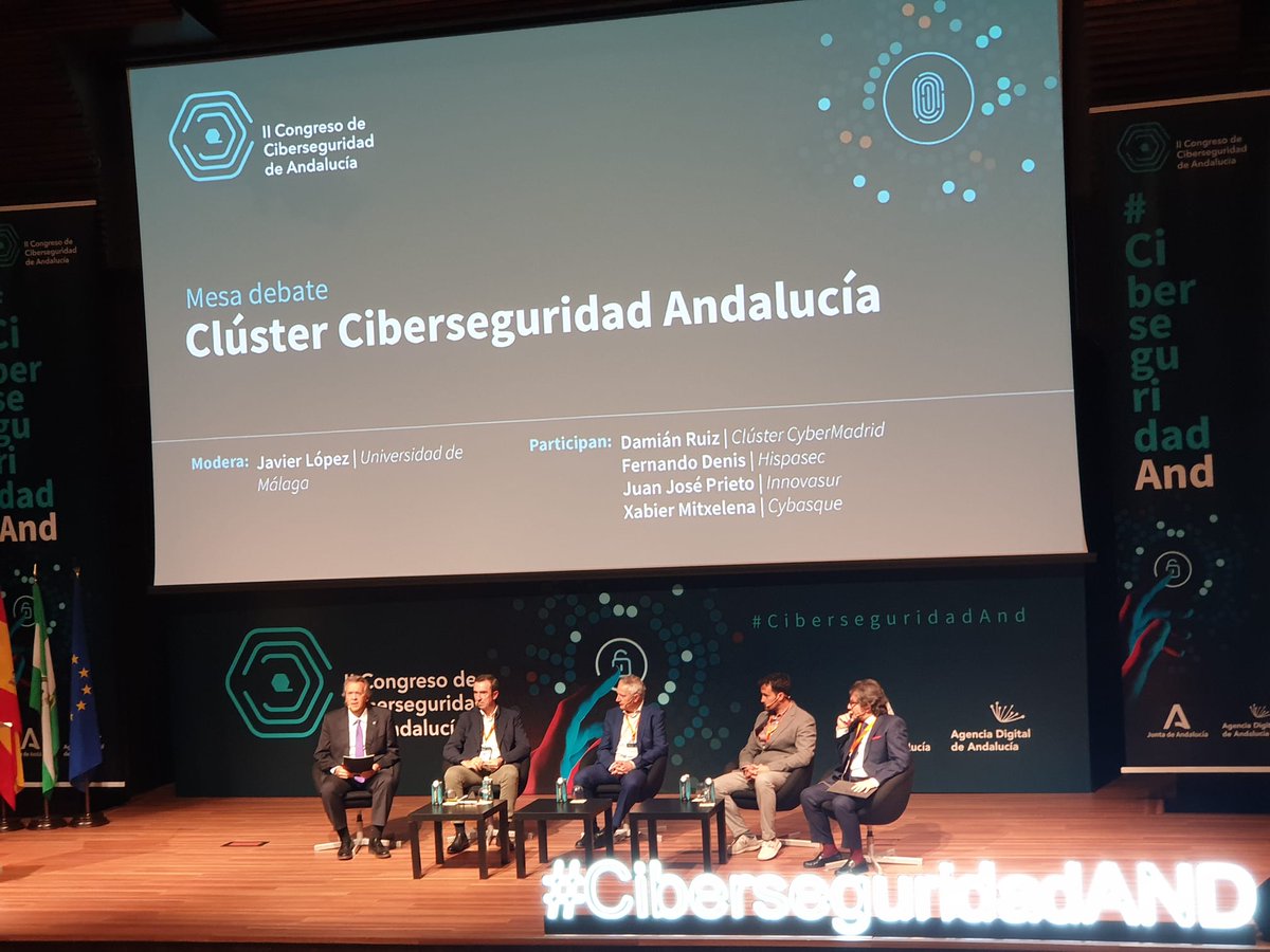 nics_lab's tweet photo. Hoy el director de @nics_lab ha moderado la mesa Clúster Ciberseguridad Andalucía durante la celebración del #CiberseguridadAnd, con la participación de Damián Ruiz de @Cyber_Madrid, Fernando Ramirez de @hispasec, Raúl Bretón de @Innovasur y Xabier Mitxelena de @cybasque https://t.co/DTMm6OOOEZ
