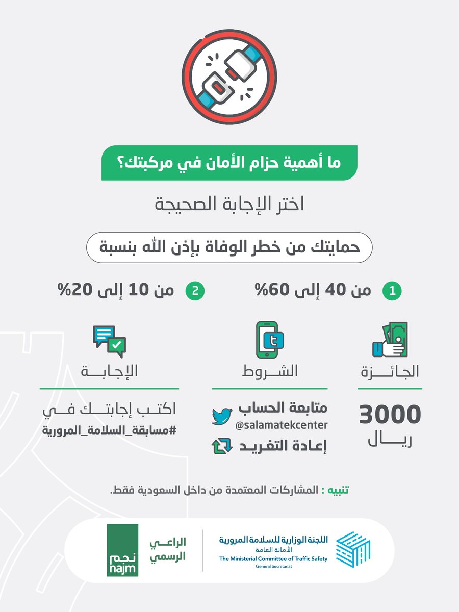 ما أهمية حزام الأمان في مركبتك؟
الجائزة 3000 ريال
الشروط:
- متابعة للحساب
- ريتويت للتغريدة
- اكتب إجابتك في #مسابقة_السلامة_المرورية 
الراعي الرسمي للمسابقة:
<a href="/najm_ksa/">نجم</a>