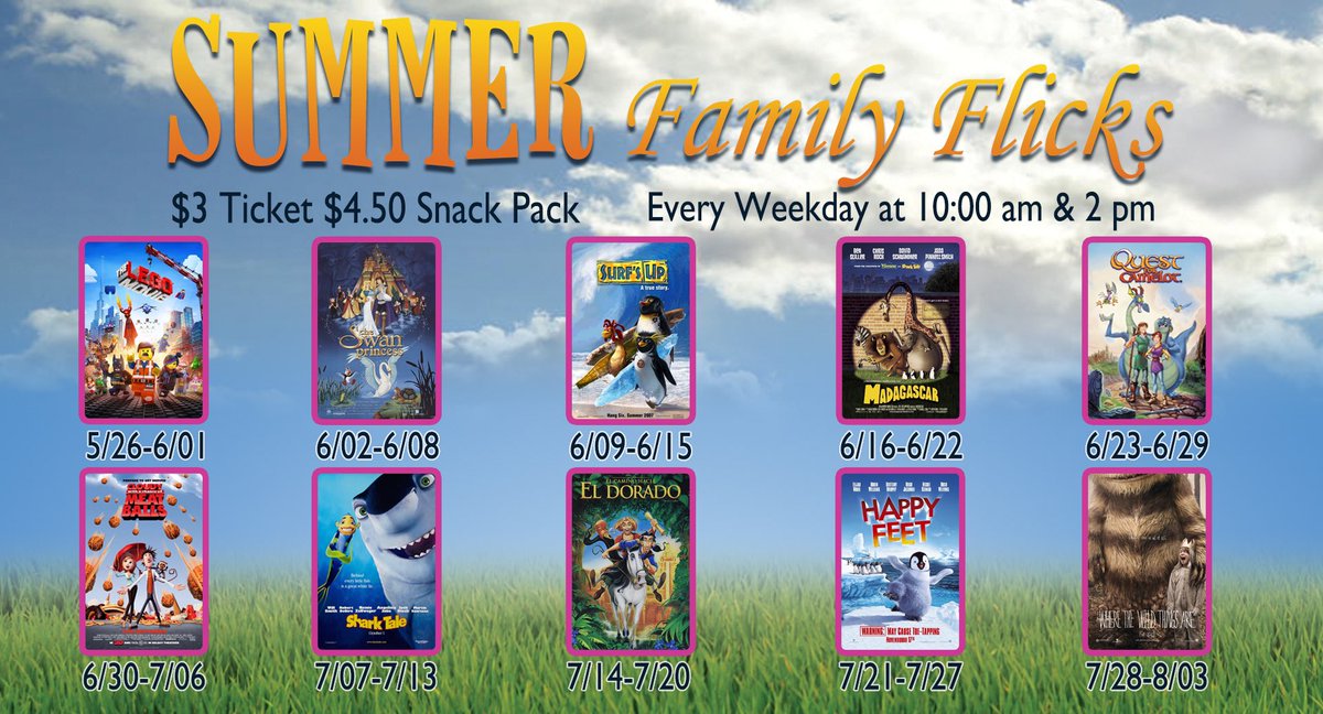 SUMMER FAMILY FLICKS for 2023 --Playing at Aurora Cineplex!
10 Movies over 10 Weeks--Classic Family Films (G and PG)

Playing Friday May 26th through Thur Aug 3rd 2023
10:00am &amp; 2:00pm Weekday Movies this Summer

$3.00 Movies (all ages)
$ 4.50 Snack Packs linktr.ee/auroracineplex