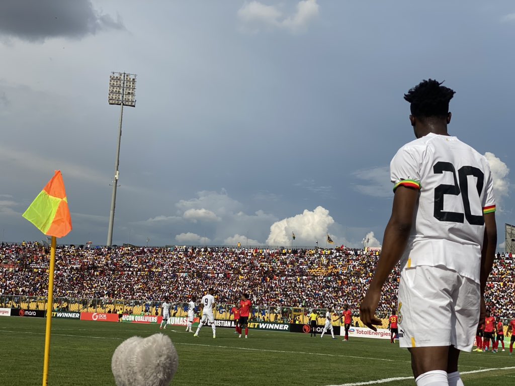 Kudus against the crowd, Chris Hughton’s first game win, Semenyo’s extra-minute goal, Kamaldeen’s brilliant performance. 

The Stars of Ghana shines over the Antelopes of Angola at Baba Yara Sports Stadium, Kumasi. 

#BlackStars 
#AFCONQualifiers 

Photo-credit @GhanaBlackstars .