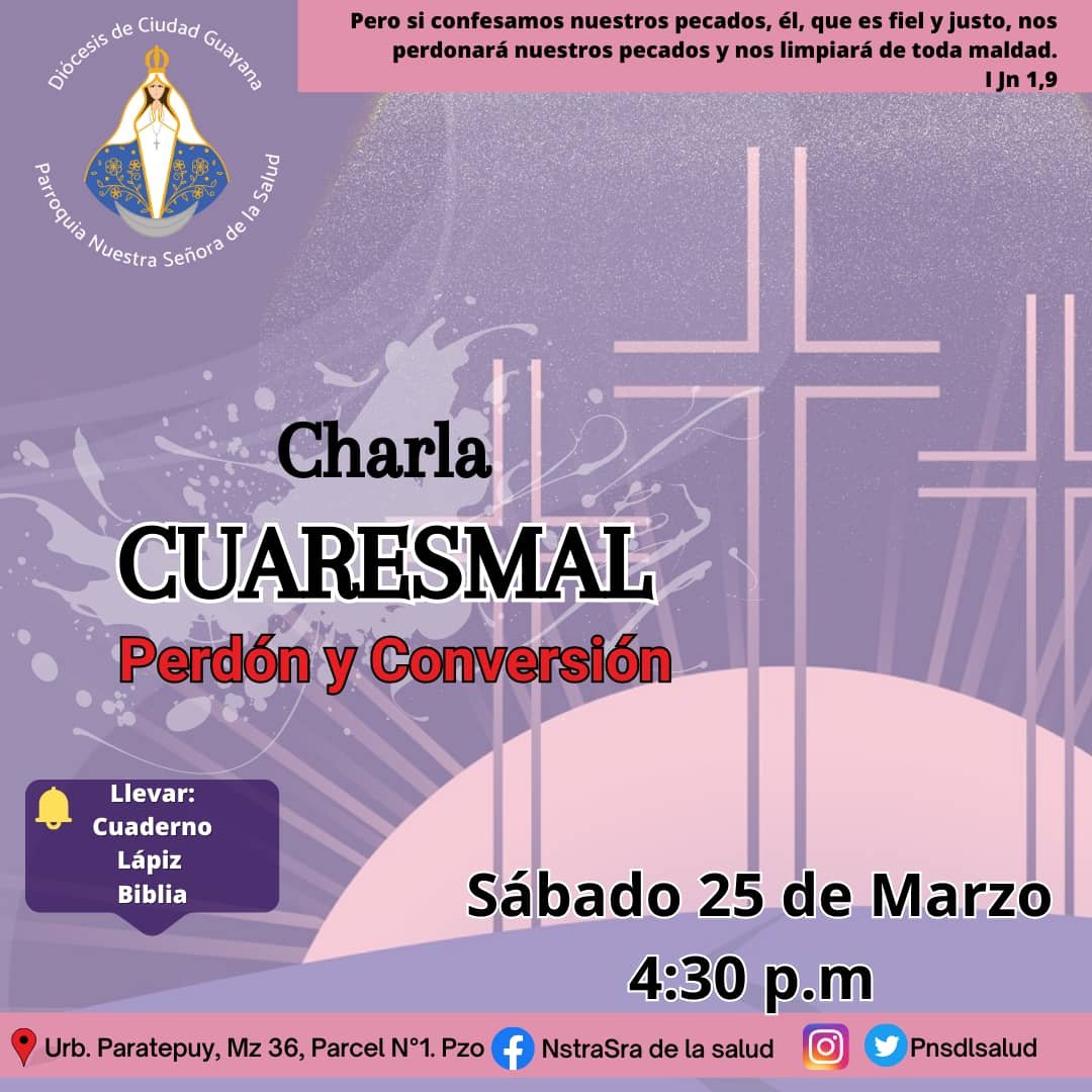 PNSDLSALUD's tweet photo. Este Sábado asiste a la Charla Cuaresmal, el tema es el Perdón y Conversión, te esperamos a partir de las 4:30 p.m. ¡Asiste! https://t.co/1CEZyYLo3D
