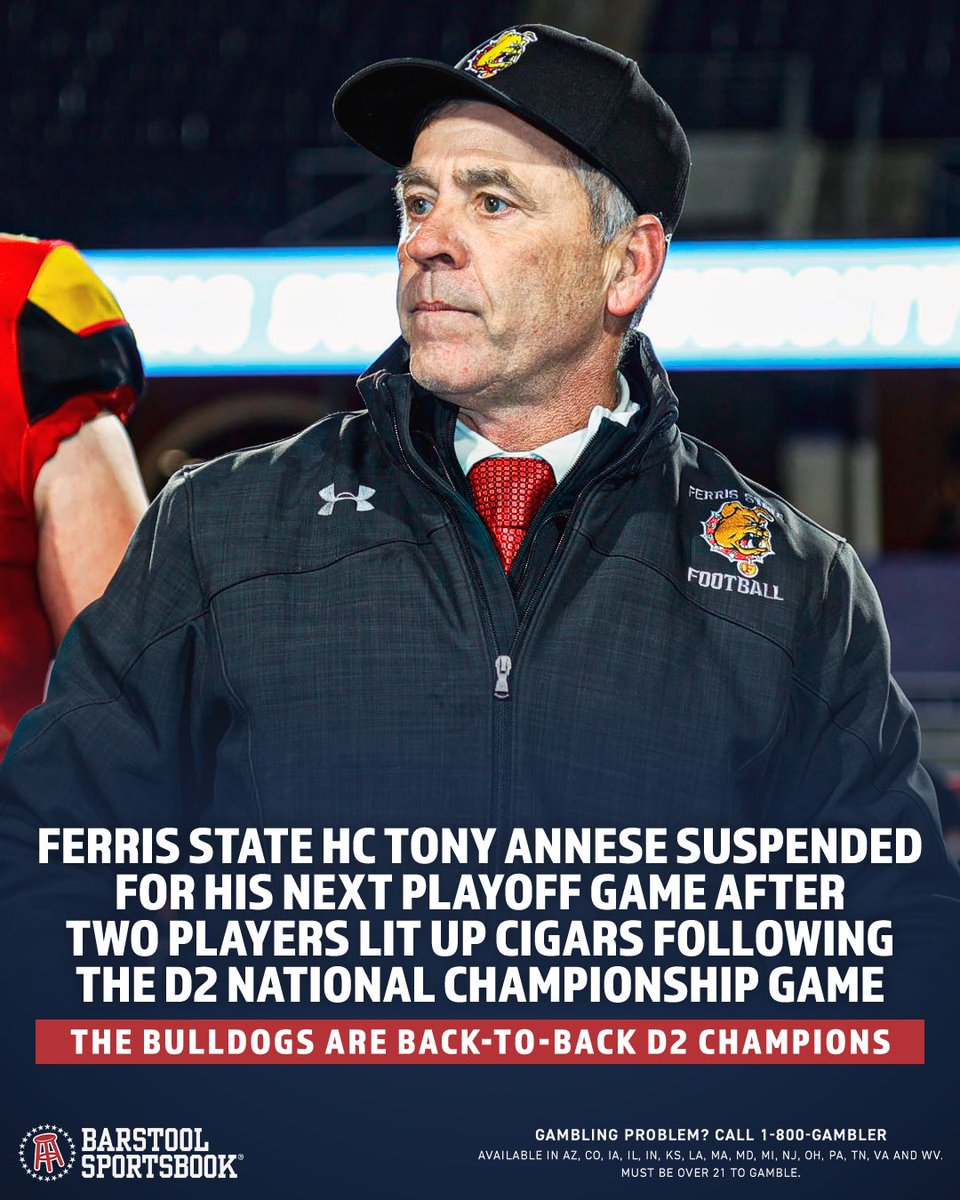 stoolgambling's tweet photo. The NCAA strikes again 

This time suspending Ferris State’s head coach after players smoked cigars celebrating a win in the National Title game https://t.co/rExSS4tG00