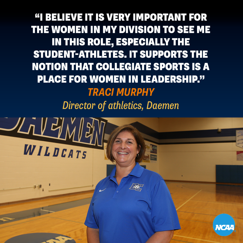 NCAA's tweet photo. Former @WCUAthletics swimmer and current @DaemenAthletics director of athletics, Traci Murphy (@WNYsD2AD) reflects on her journey in college athletics and shares her perspective on recent trends for women in sports. ⤵️
 
#WomensHistoryMonth