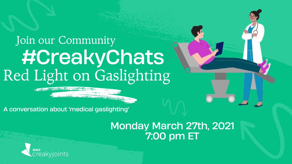 CreakyJoints's tweet image. 🗓️ MARK YOUR CALENDARS 🗓️

Join us on Monday March 27th, for a #CreakyChats community conversation all about "medical gaslighting."  We'll be kicking things off at 7:00 pm ET. We hope to see you there!