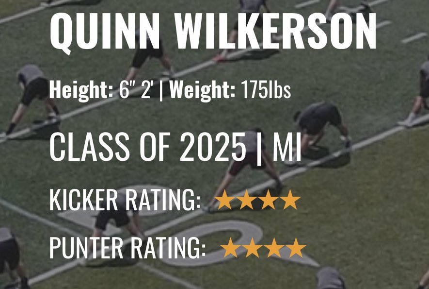 Quinn Wilkerson (@quinnwilkerson_) on Twitter photo Started working on punting at the end of January. Blessed to earn 4⭐️’s after first ranking event, #2 punter in Michigan for Kohls class 2025. <a href="/JacobDombrowsk5/">Jacob Dombrowski</a> <a href="/KornblueKicking/">Brandon Kornblue</a> <a href="/SplitterNation/">Lincoln Athletics</a> <a href="/LHS_CoachGuy/">Guy O Williams</a> <a href="/kate_moff/">Katie Moffett</a> Started working on punting at the end of January. Blessed to earn 4⭐️’s after first ranking event, #2 punter in Michigan for Kohls class 2025. <a href="/JacobDombrowsk5/">Jacob Dombrowski</a> <a href="/KornblueKicking/">Brandon Kornblue</a> <a href="/SplitterNation/">Lincoln Athletics</a> <a href="/LHS_CoachGuy/">Guy O Williams</a> <a href="/kate_moff/">Katie Moffett</a>