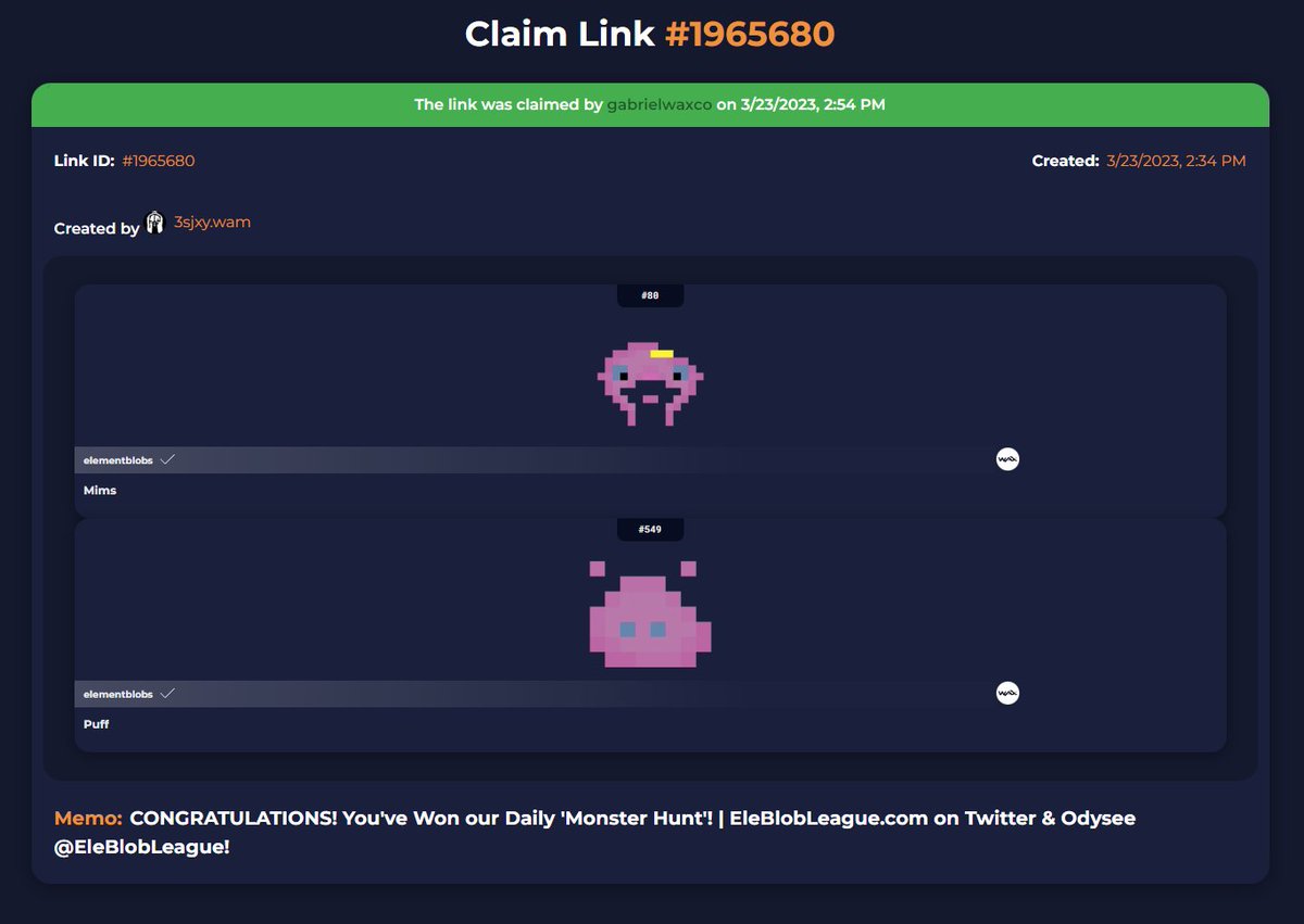 EleblobLeague's tweet image. 🥳CONGRATULATIONS TO TODAYS &apos;MONSTER HUNT&apos; LOOT BOX&apos; WINNER!  🎁===👀

Good Luck to Everyone Next Time.... 👍

😃MAKE SURE YOU&apos;RE NOT MISSING OUT ON THE HUNT &amp;amp; DOWNLOAD IMMERSYS TODAY!

🏟 immersys.io/game-download/

#EleBlob
#Immersys
#EleBlobNFT
#EleBlobLeague