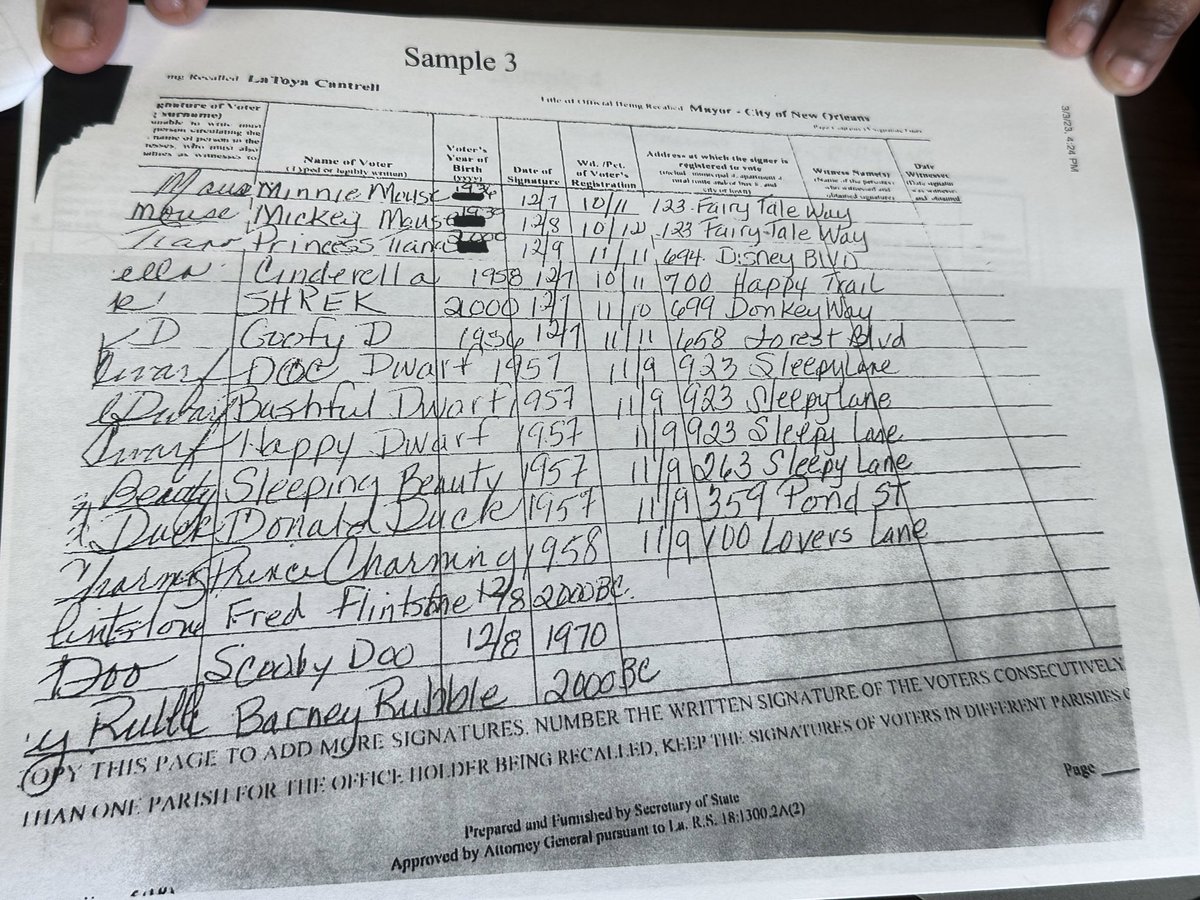 Cassie Schirm (@cassiewdsu) on Twitter photo Breaking: Here is a copy of a recall signature page that had Disney names and signatures on it including Shrek,Goofy and Minnie Mouse. <a href="/TraversWDSU/">Travers Mackel</a> and <a href="/ElizabethWDSU/">Elizabeth Kuebel</a> will have the latest update on <a href="/wdsu/">wdsu</a> at 4,5,6 and 10. Breaking: Here is a copy of a recall signature page that had Disney names and signatures on it including Shrek,Goofy and Minnie Mouse. <a href="/TraversWDSU/">Travers Mackel</a> and <a href="/ElizabethWDSU/">Elizabeth Kuebel</a> will have the latest update on <a href="/wdsu/">wdsu</a> at 4,5,6 and 10.