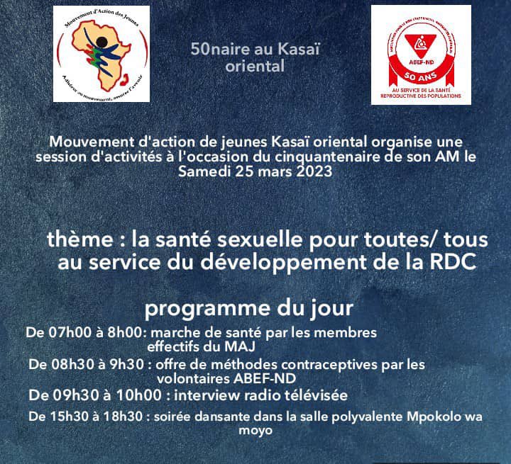MajRDCongo's tweet photo. #cinquantenaire
@MajRDCongo /Kasaï oriental nous donne rendez-vous ce samedi 25 mars 2023 à Mbuji mayi pour célébrer le cinquantenaire de @abefnd_rdc 

@IPPFAR https://t.co/X0dVswsqNw