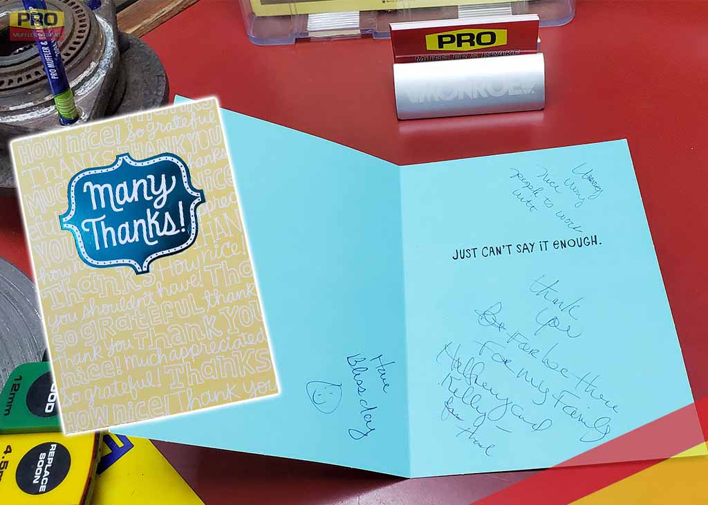 ProMufflerBrake's tweet photo. We love getting cards like this from our clients!
Stop in today with your car needs & let the team at #ProMufflerAndBrake serve your automotive needs.
#brakes #brakepads #exhaust #struts #shocks #alignment #converter #muffler #mufflershop #wheelbearing #autorepair #swmichigan https://t.co/qWBfxAv0yC