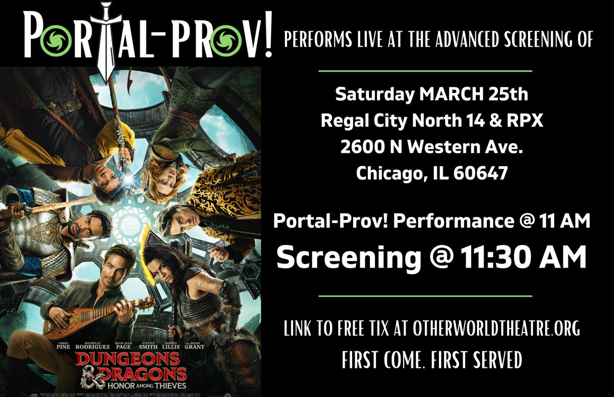 OtherworldThtre's tweet photo. It's a D&amp;D weekend! Get free tickets to an advanced screening of "Honor Among Thieves" for this Saturday and join us for a D&amp;D Portal-Prov! on Sunday! Lost Realms Continues, and we head to C2E2 next weekend! Learn more - https://t.co/giWbWkx4b8

#D&amp;D #Theatre #Comedy https://t.co/lmDPmOIuu2