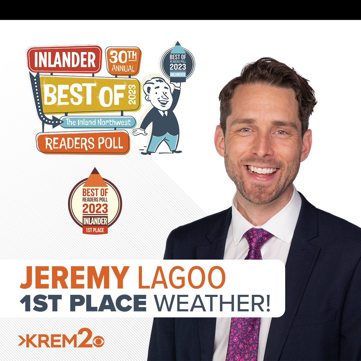 Congratulations <a href="/wxLaGoo/">Jeremy LaGoo™</a>, Best TV Weather Person.
<a href="/KREMMark/">Mark Hanrahan</a>, Best TV Anchor Person.
<a href="/ItsTravisGreen/">Travis Green</a>, Best Sportscaster.
@UpWithTim, 3rd Place Anchor Person.
We appreciate your vote for the <a href="/TheInlander/">The Inlander</a> Best Of Readers Poll.
Thanks for making KREM 2 Spokane’s favorite team.