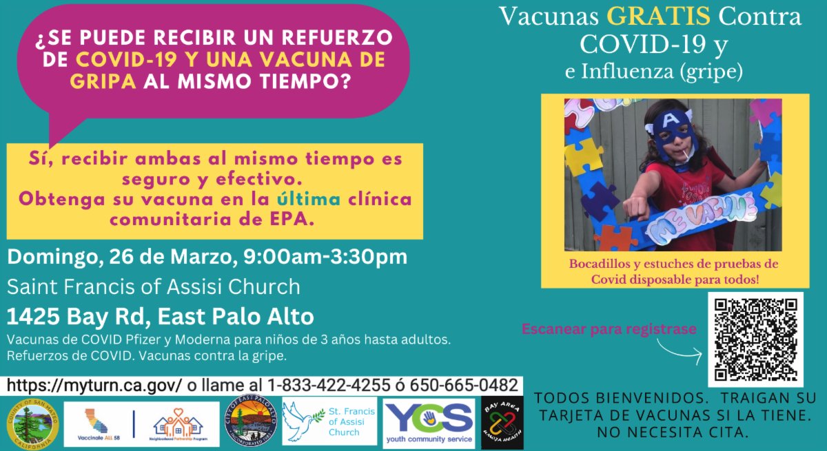 LegalAidSMC's tweet photo. Saint Francis of Assisi East Palo Alto is hosting a free vaccine clinic this weekend on Sunday, March 26 from 9 am to 3 pm.
Saint Francis de Assisi East Palo Alto esta ofreciendo una clínica de vacunas gratis este fin de semana el domingo, 26 de marzo de 9 am a 3 pm. https://t.co/pRLgxANTp3