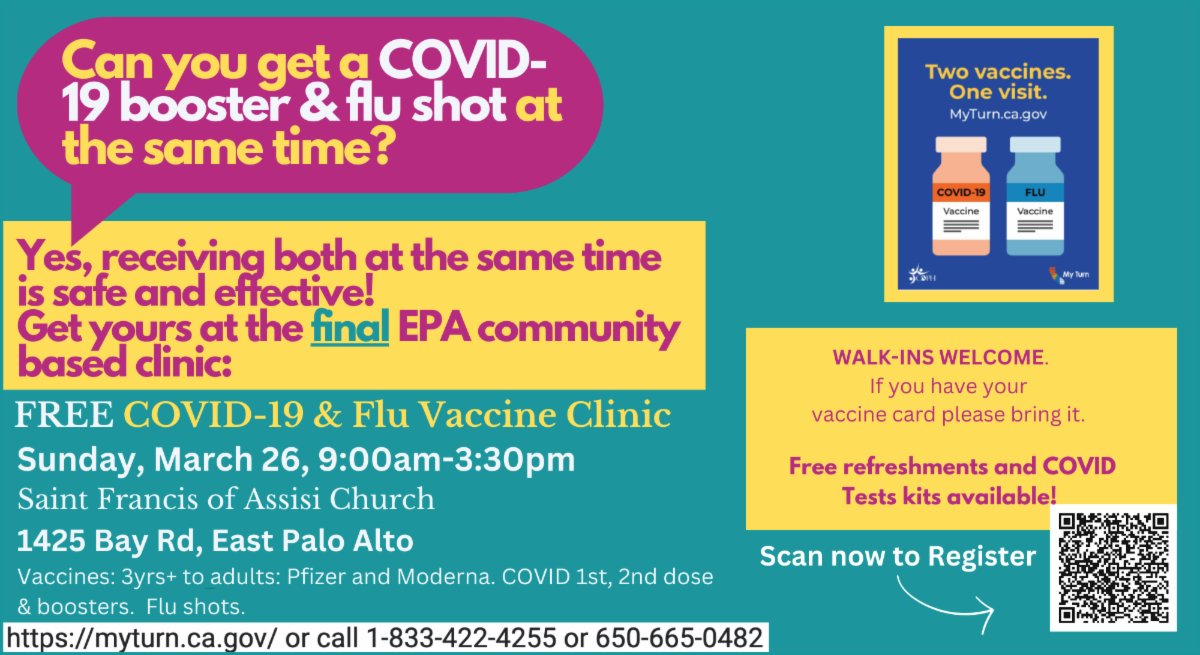 Saint Francis of Assisi East Palo Alto is hosting a free vaccine clinic this weekend on Sunday, March 26 from 9 am to 3 pm.
Saint Francis de Assisi East Palo Alto esta ofreciendo una clínica de vacunas gratis este fin de semana el domingo, 26 de marzo de 9 am a 3 pm.