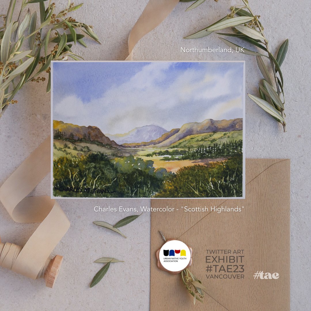 "Scottish Highlands", by Charles Evans, from the UK. Thank you for your beautiful watercolor artwork. Charles is donating this art card as a contribution for #TAE23 art fundraiser for <a href="/unyayouth/">Urban Native Youth Association (UNYA)</a>. #vancouverbc #twitterartexhibit #indigenous #giving #artforacause