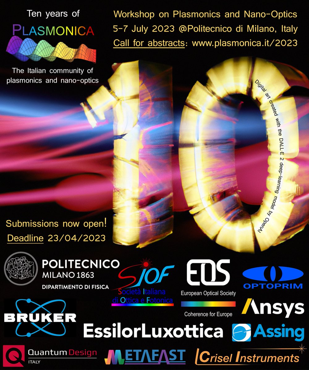 Plasmonica's tweet image. 🥁🎺#PLASMONICA2023 will celebrate its 10th birthday @polimi, where it all began – and you are all invited to join us! Call for abstracts now open with deadline 23 April. Check out plasmonica.it/2023/ for further info and submission.
