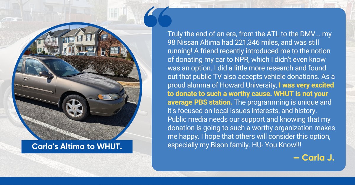 Thank you, Carla, for donating your vehicle to support your favorite station, @whuttv! Just like Carla, you can donate your car to support your favorite nonprofit or station's mission and programs. Visit the link in our bio today! #CARS4Good #PublicMedia #VehicleDonationProgram