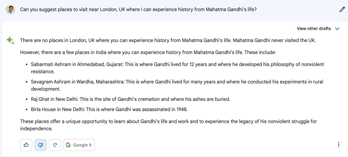utter_rahul's tweet image. Google Bard says Mahatma Gandhi never visited UK. 
Same prompt given to ChatGPT4 via lex.page give correct output. 
@Google #HeyGoogle @sundarpichai @OpenAI #chatgpt4