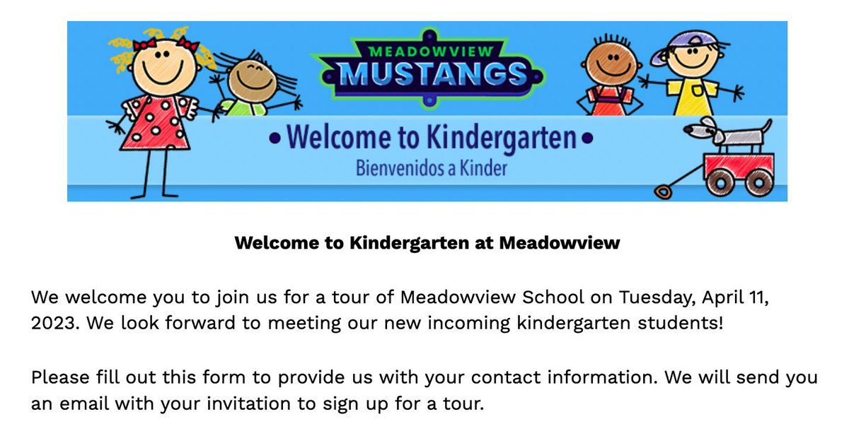 Discover_MV's tweet photo. We are excited to welcome our incoming kindergarten students for the 2023-2024 school year!  If you have an incoming kindergartener, please visit the Meadowview website.  You’ll find a form to complete to join us for a tour of Meadowview on Tuesday, April11! https://t.co/DYuxjLOog1