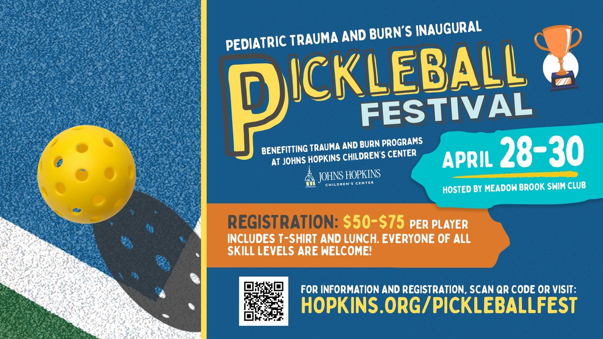 Join us for the Pickleball Festival, which will benefit the pediatric trauma and burn programs. The event will also include prizes, music, and food. Come out, join the fun, and support a good cause! bit.ly/40bzLtc