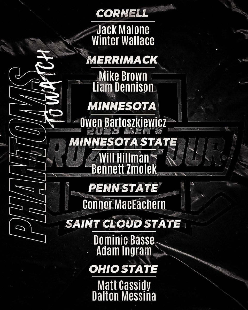 YtownPhantoms's tweet photo. TWELVE former Phantoms across seven different schools will begin competing for a national championship starting TODAY. 🏒

Keep an eye out for...
Cornell – Jack Malone, Winter Wallace
Merrimack – Mike Brown, Liam Dennison
Minnesota – Owen Bartoszkiewicz
Minnesota State – Will Hillman, Bennett Zmolek
Ohio State – Matt Cassidy, Dalton Messina
Penn State – Connor MacEachern
Saint Cloud State – Dominic Basse, Adam Ingram

For the full press release visit:
https://t.co/0xesussoPb