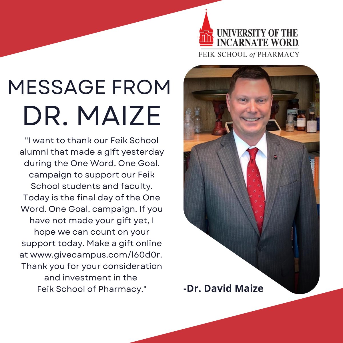 The UIW Day of Giving is inching towards a close! See the thank you message from our Dean below! You can still make your gift on-line at givecampus.com/l60d0r #pharmacyschool #feikleads