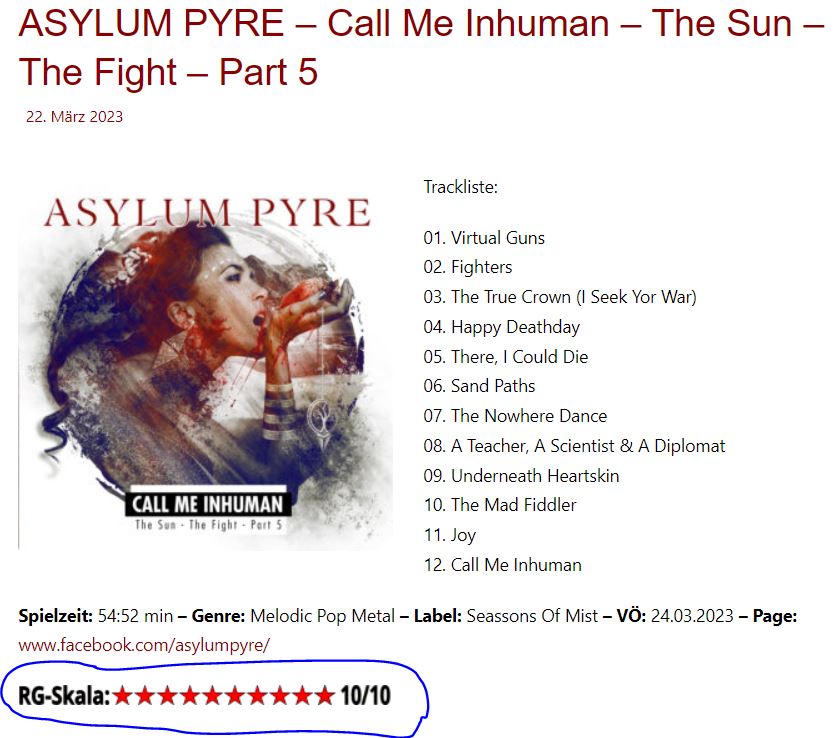 AsylumPyre's tweet image. 🙏10/10 ! the perfect note - Thank you Rock Garage 🤟🔥🤎
"Voice, Guitars and drums wipe away all the dark thoughts from your head"

4h before the release it boosts us more than ever ! 🙂

4h avant la sortie, ça booste plus que jamais ! 🙂

rock-garage.com/asylum-pyre-ca…