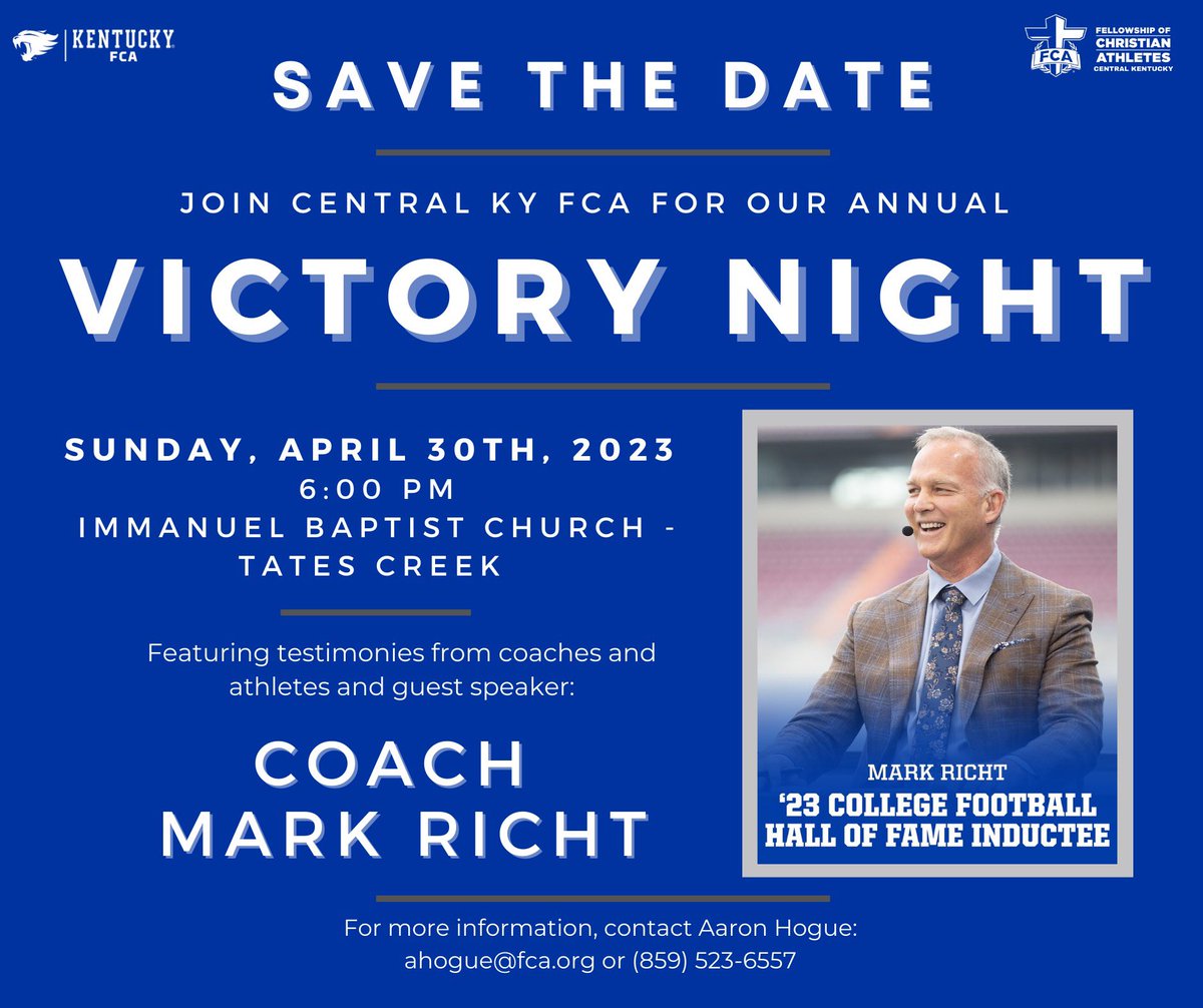 We would love to have you join us at our annual FCA Victory Night! 

Come join us and see what God is doing here in Central KY! 

Register to attend at:

ckyfca.org
