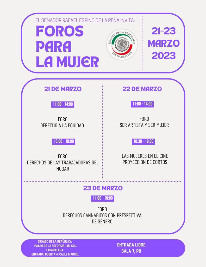 Te invitamos a que nos acompañes hoy jueves de 11am a 7pm en el <a href="/senadomexicano/">Senado de México</a> al foro: Derecho cannabico con perspectiva de género. #cannabislesgal #cañamo #senado #legalizacion #mujerescannabicas