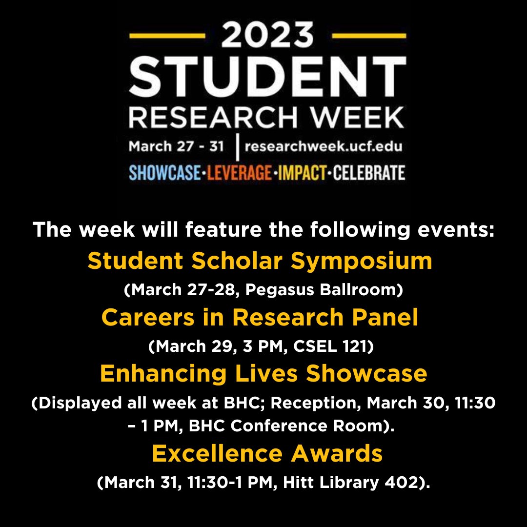 Another reminder that Student Scholar Symposium is next week! The week will be packed with events so stay tuned! Visit this link to learn more: researchweek.ucf.edu #StudentResearchWeek