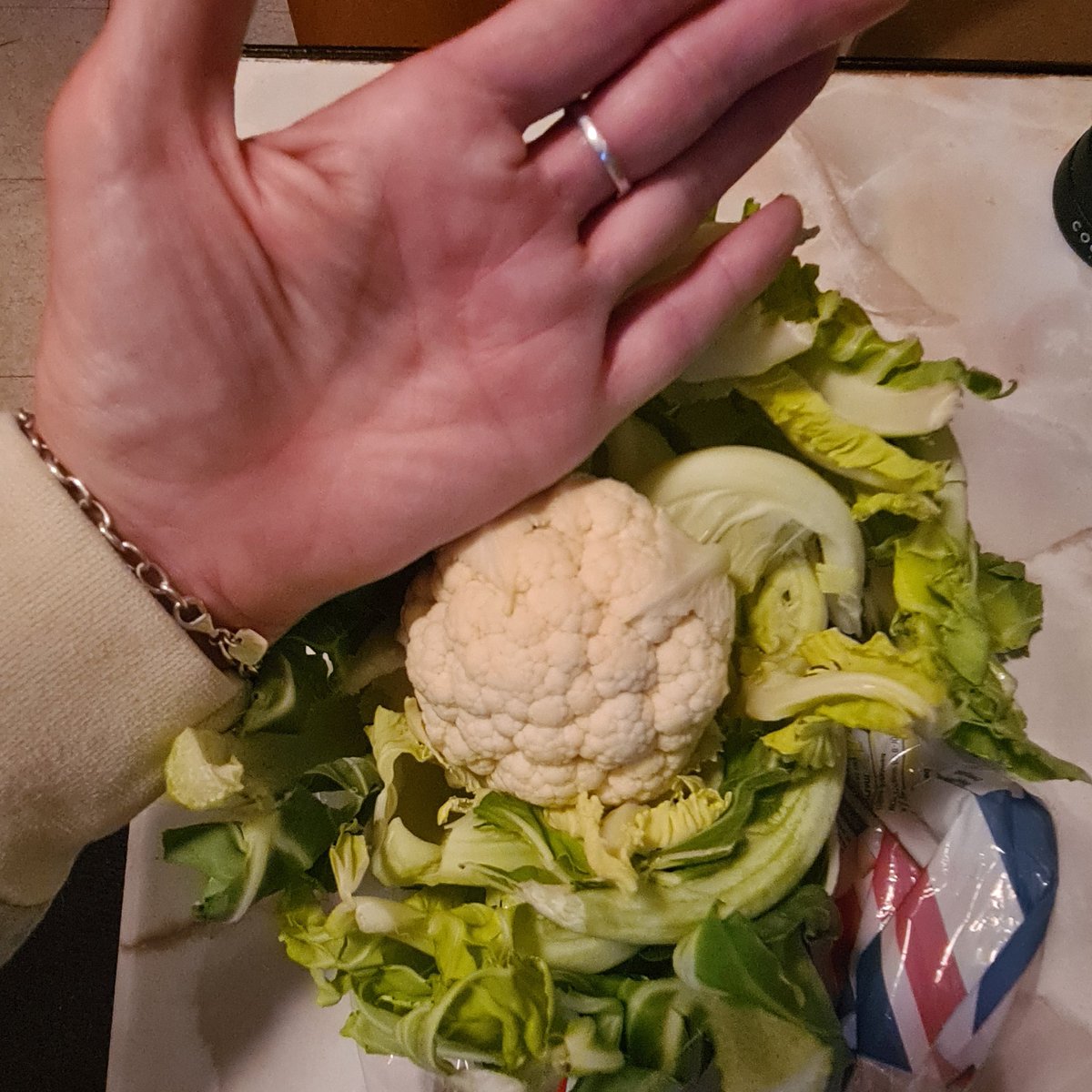JMPatHSD's tweet photo. So I cut off all the leaves from the cauliflower I bought today.... and this is what was left! Not even enough for one meal! Hand shown for scale. Seriously @Tesco - I paid 95p for this!?! #fail https://t.co/x3rbicA8PL