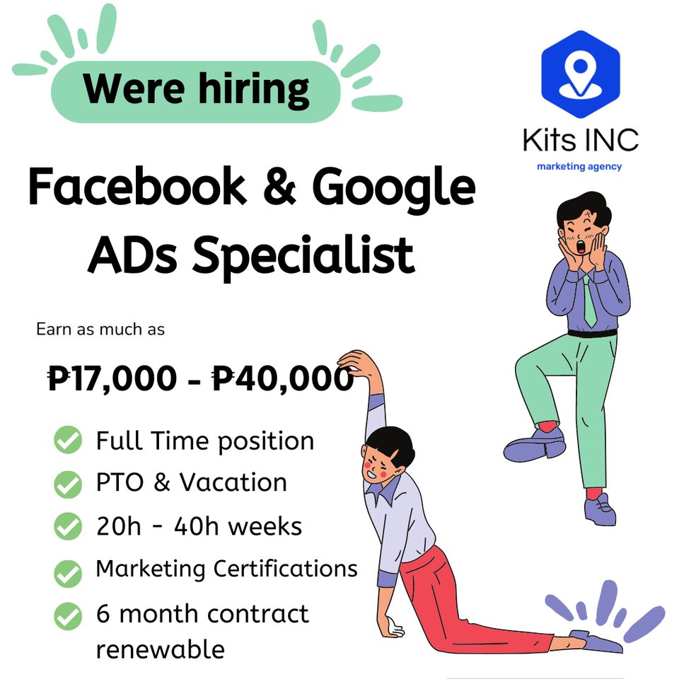 kitsvault's tweet photo. 📌 Urgent HIRING!
Full-time Facebook Ads &amp; Google Ads Specialist
Remote ( work from home)
6-month contract(renewable)
20h-40h a week
$320USD/ Month (1st 3 months)
$500USD/ Month (+3 months)
Hourly bases + Commission bonuses
Please comment if you are interested, thank you! 🤝 https://t.co/RQP1bPFPT9