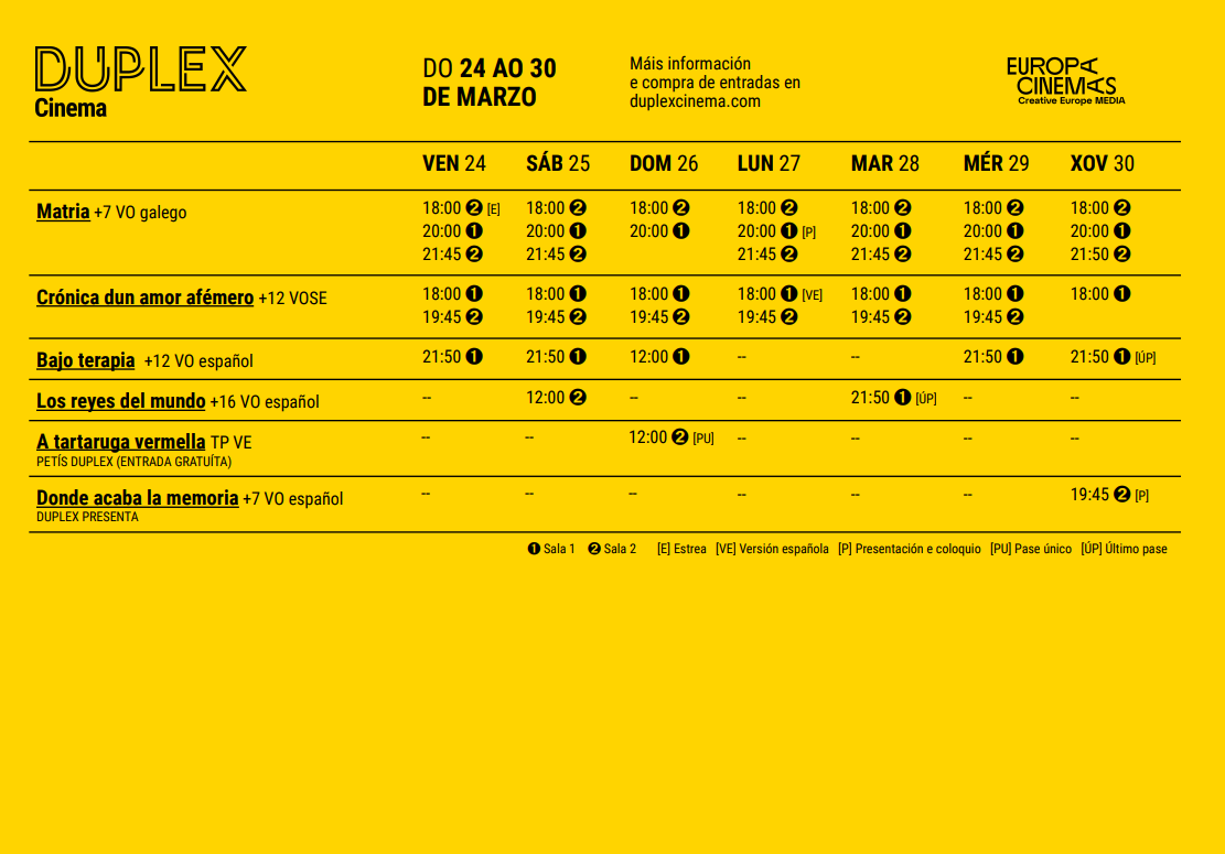 duplex_cinema's tweet photo. 📍 CARTELEIRA DO 24 AO 30 DE MARZO!

🎬ESTREAS:
🎞️ MATRIA (Álvaro Gago) 
🎞️ CRÓNICA DUN AMOR EFÉMERO (Emmanuel Mouret) 

🎟️https://t.co/C595ti046K

#duplexcinema #duplexferrol #estreas #estrenos #ferrol #ferrolmola #bajoterapia  #matria #alvarogago #mariavazquez https://t.co/OXk1ZWdU34
